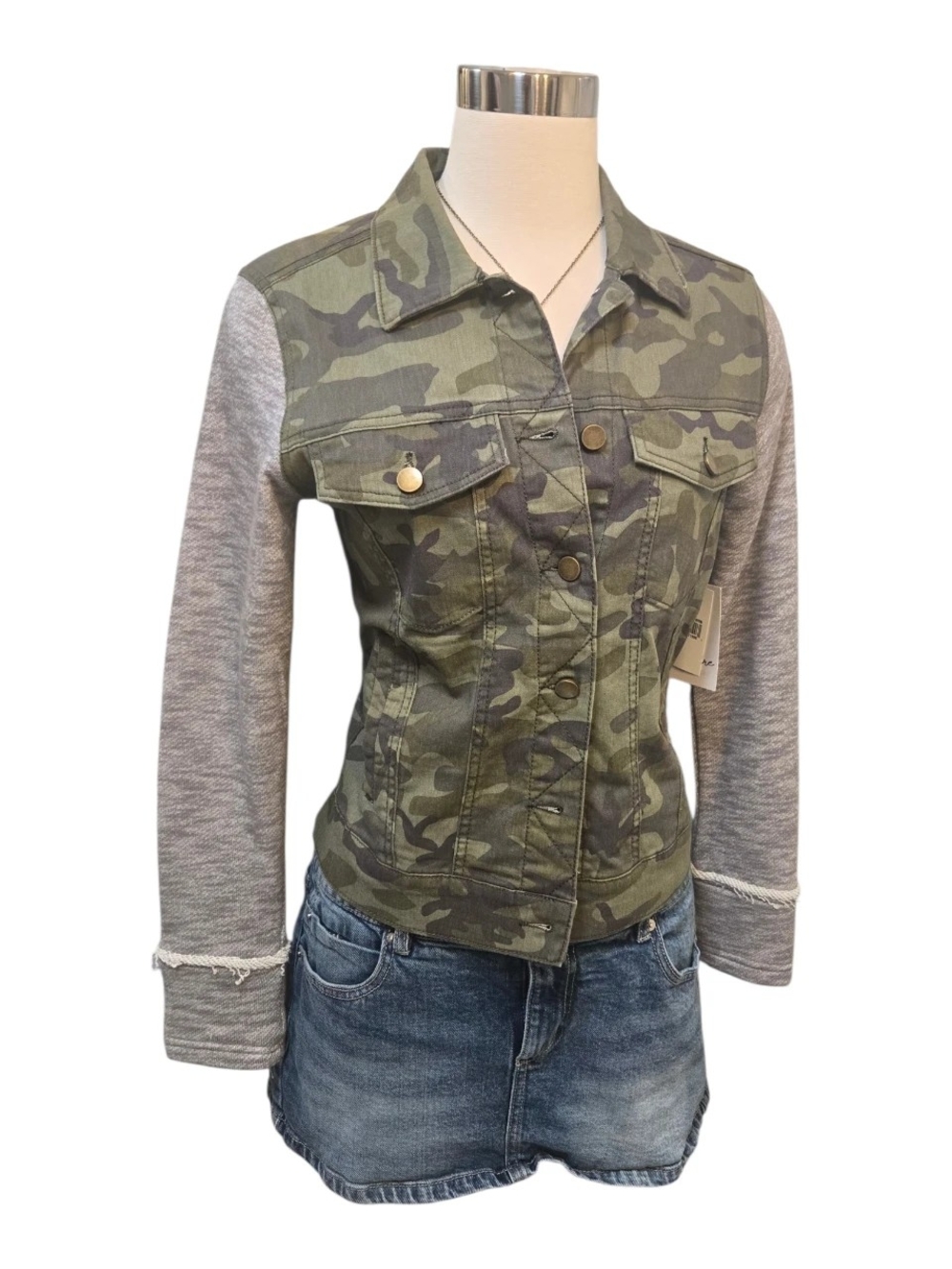 NWT Love, Fire Camouflage Jean Jacket with Gray Knit Sleeves